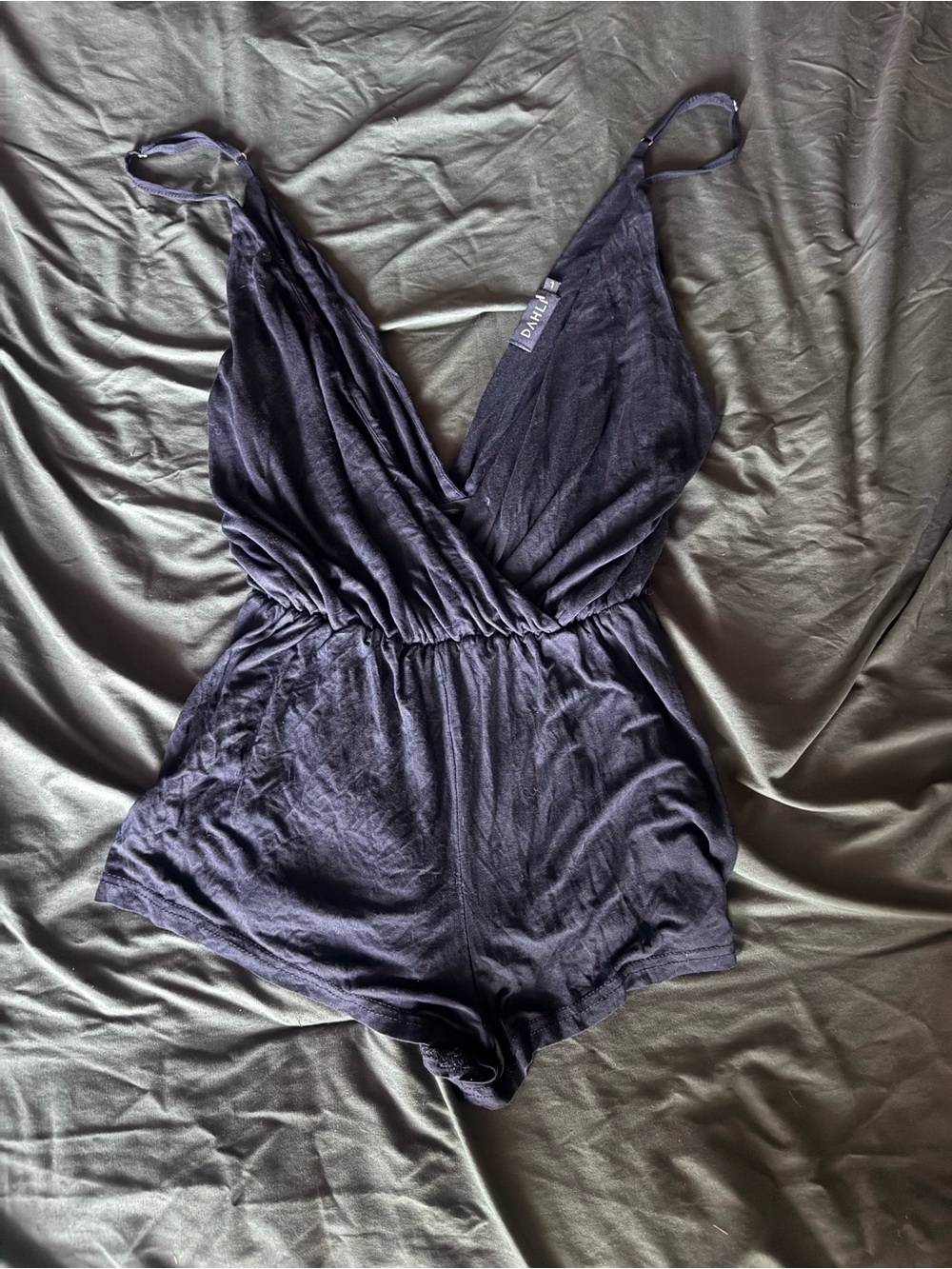 Deep Black Plunge Romper with Elastic Waist